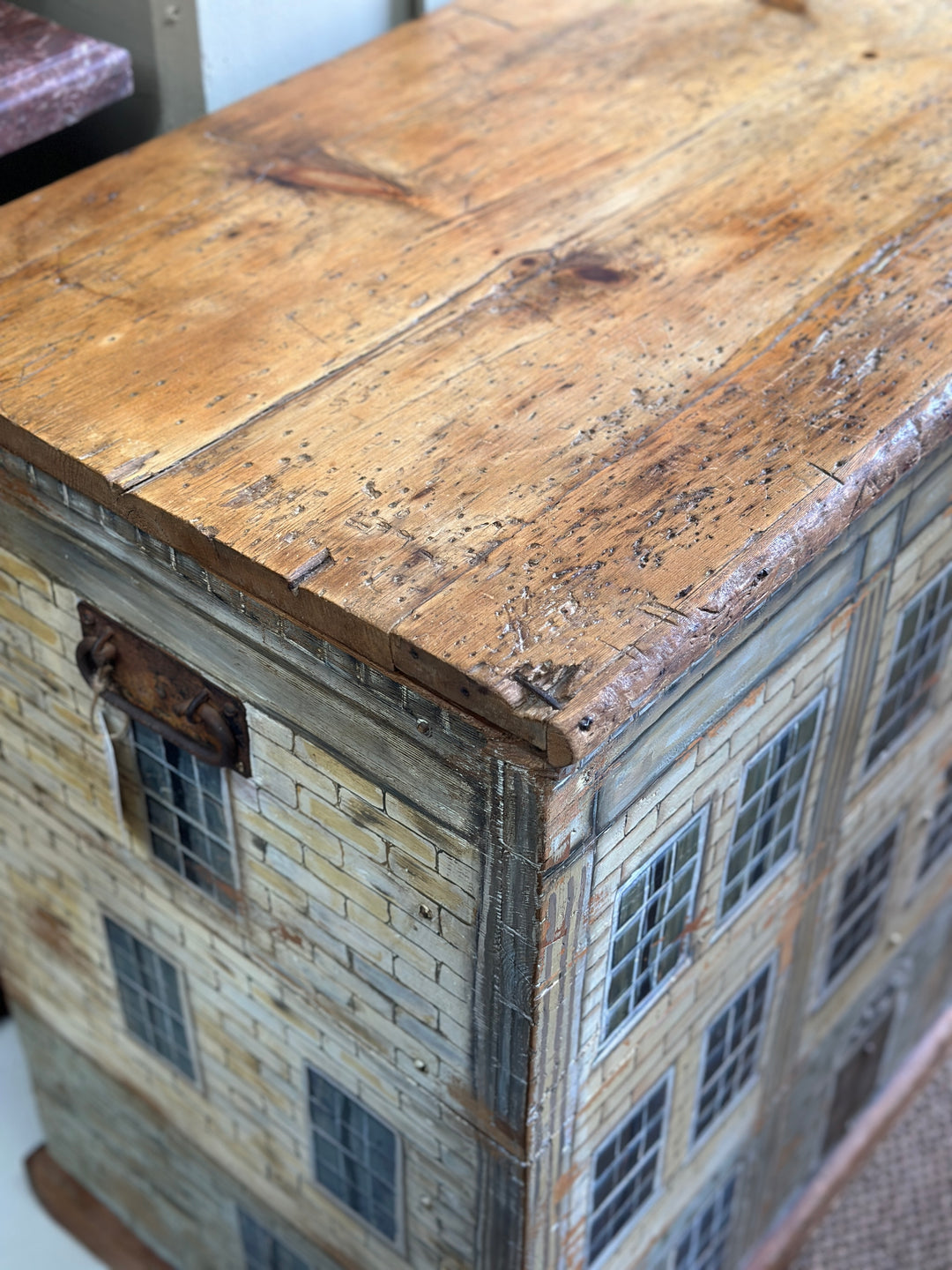 Large Antique Pine Box with Handpainted Exterior
