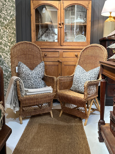 Pair Vintage 70s High Back Wicker Chairs