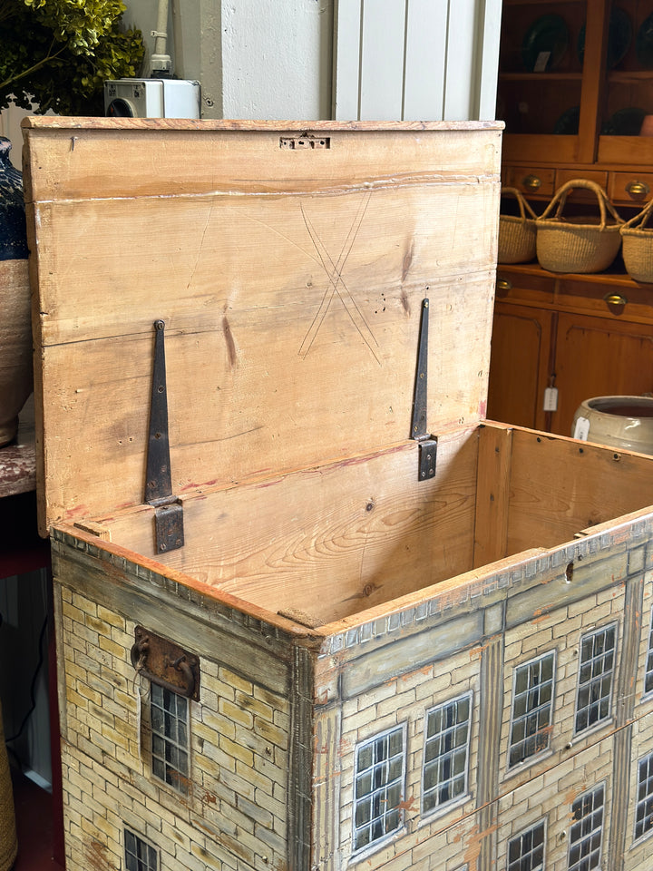 Large Antique Pine Box with Handpainted Exterior
