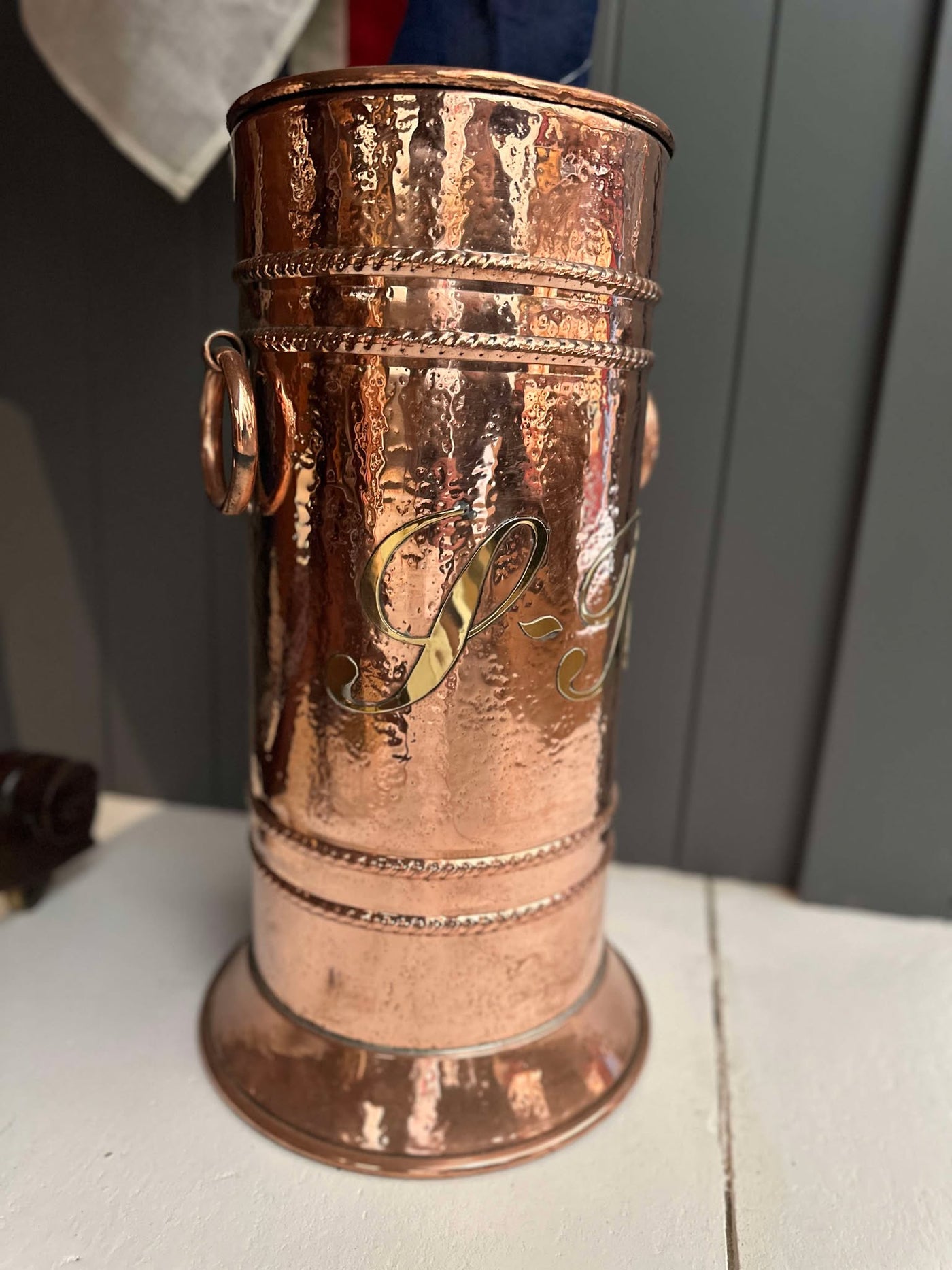French Copper Stick Stand with Brass Initials