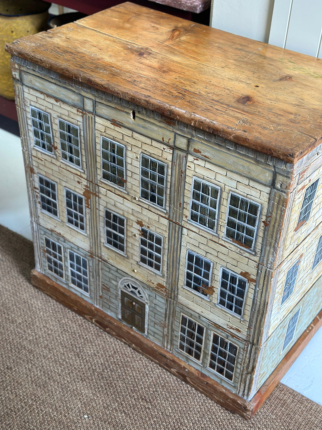 Large Antique Pine Box with Handpainted Exterior