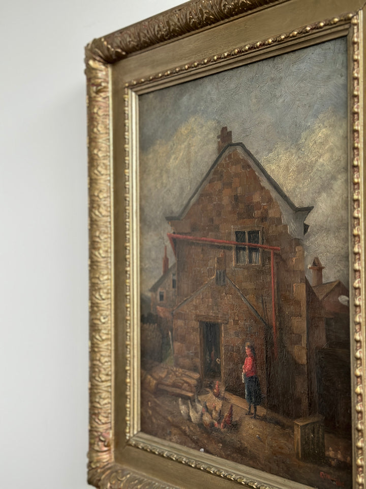 Antique Oil Painting of Farm Scene