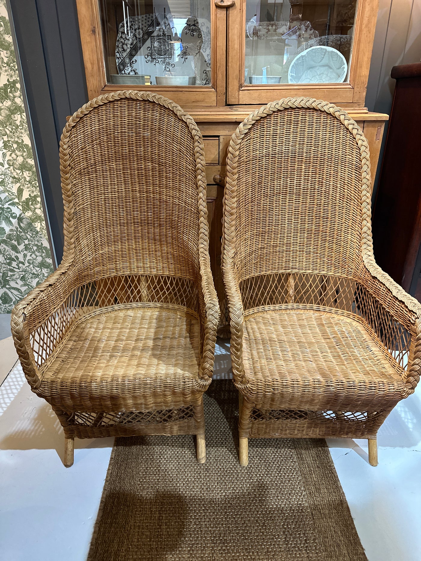 Pair Vintage 70s High Back Wicker Chairs